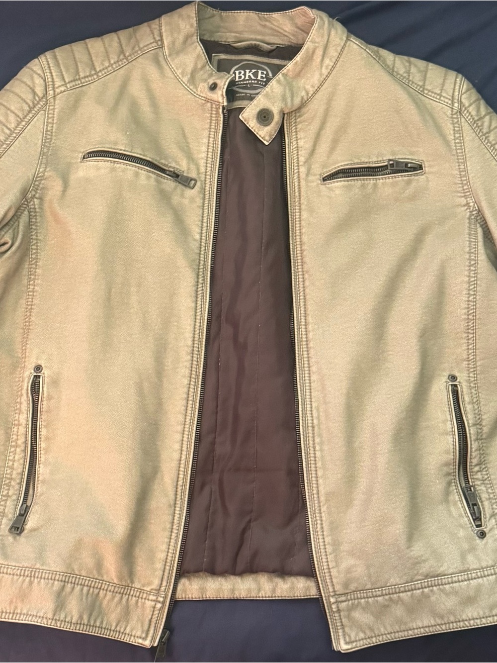 BKE Men’s Large Gray Faux Leather Moto Jacket Full Zip Biker Style